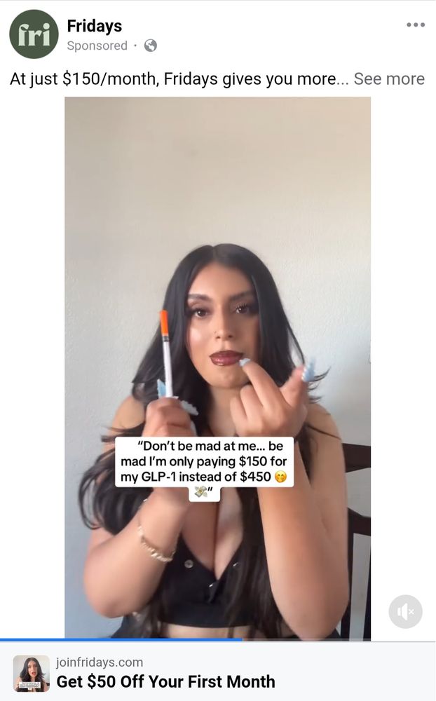 Screenshot of an ad on Facebook for a company with a generic name, showing a woman bloated with plastic surgery and enormous cans leaning toward the camera and tapping what, I guess, is a syringe and it's some kind of a commercial for weight loss drugs ???