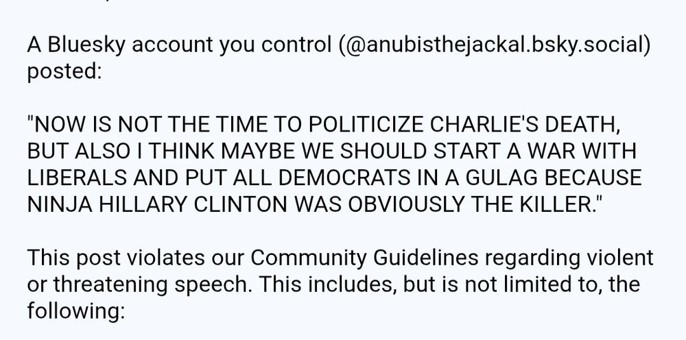 A partial screenshot of a Bluesky email telling me they deleted a post I made literally seconds beforehand.