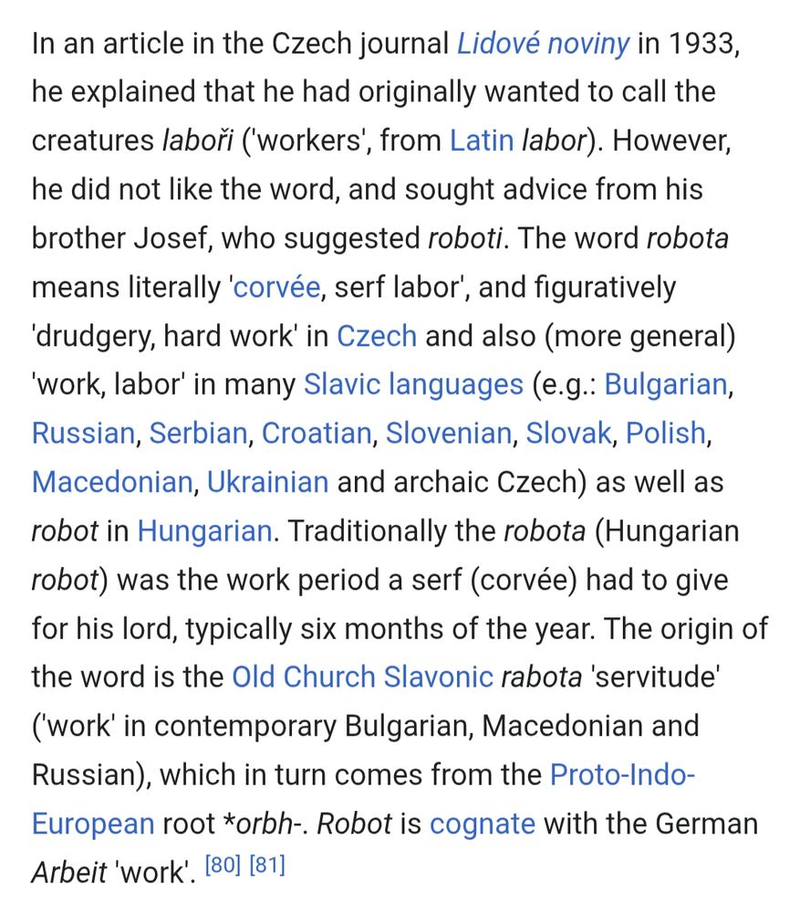 Screencap of a block of text from Wikipedia: tl;dr - the word robot comes from a Czech word meaning, basically, 