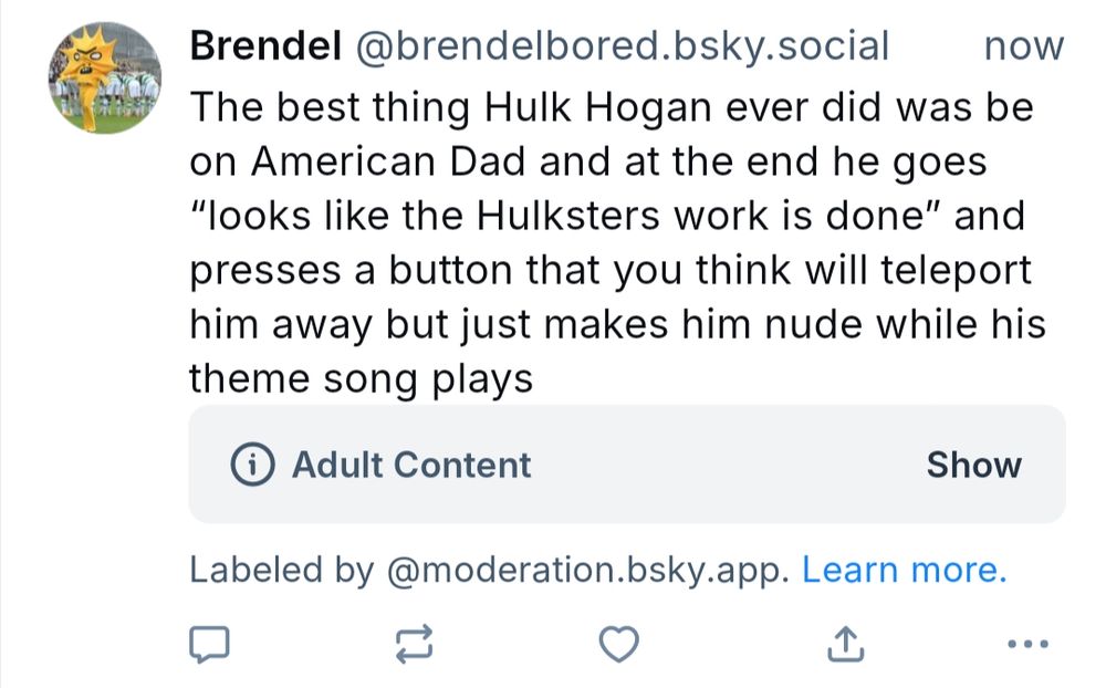 Screenshot of the above post, but the pictures are missing, and instead BlueSky moderation labeled the post with an "adult content" warning.