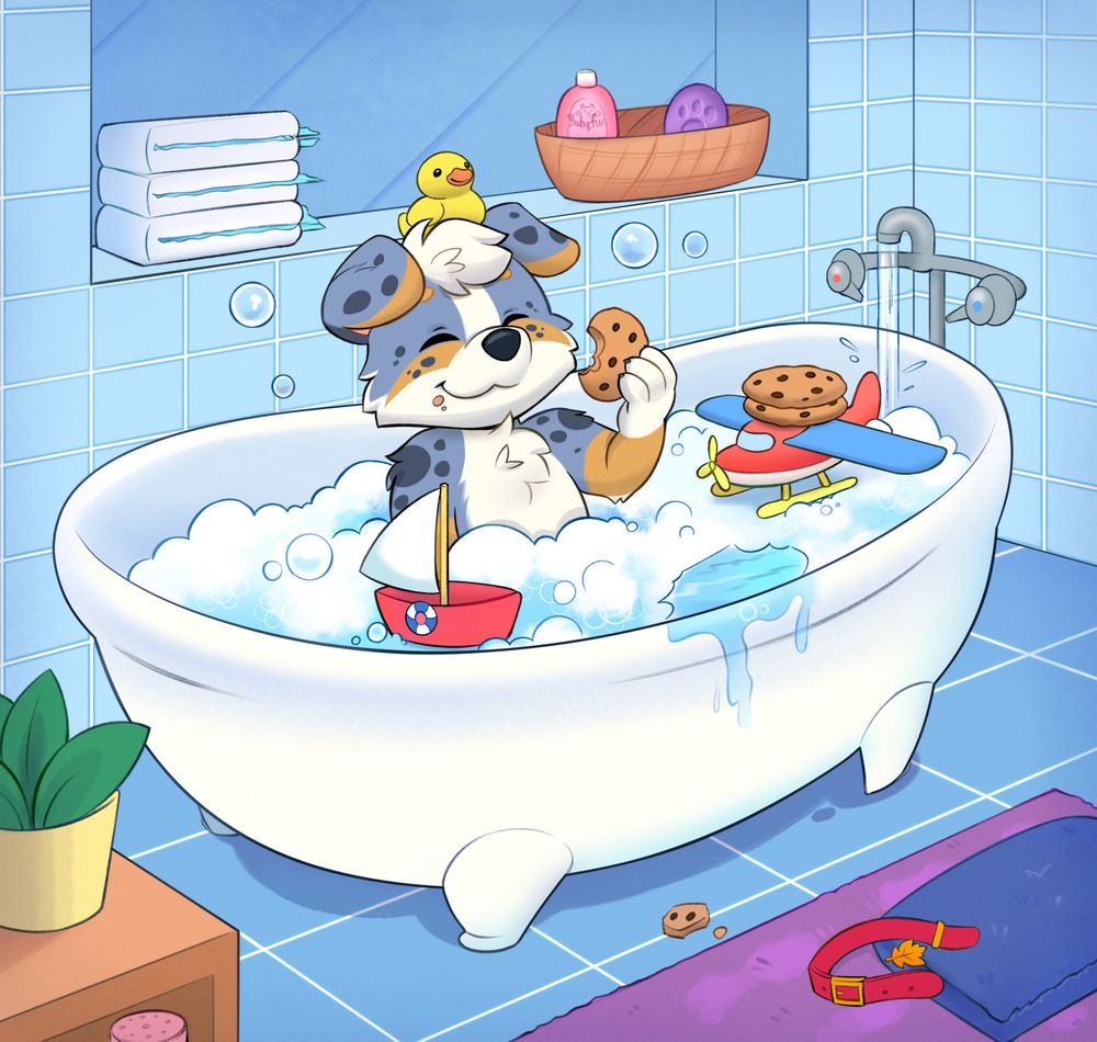 An Australian Shepherd puppy sits in a bathtub full of bubbles and a couple of toys while enjoying a cookie he's eating.