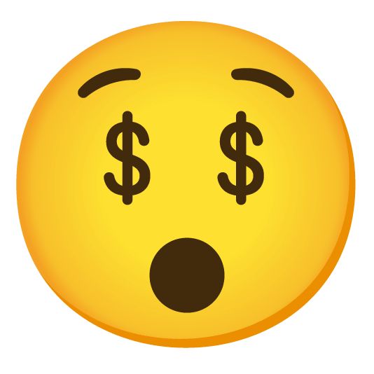 An emoji that combines 😯 and 🤑 such that it has dollar signs for eyes, raised eyebrows, and a round open mouth