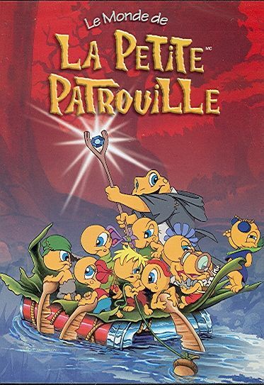 Poster de la série d'animation "La petite patroille", montrant de jeunes crapauds anthropomorphes dans un bâteau composé de feuilles et de déchets métalliques.