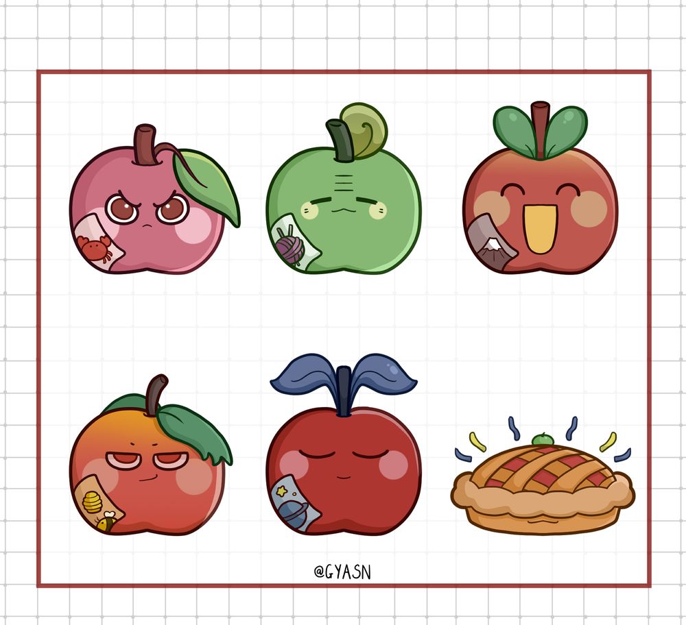 6 of KiasNassa's Twitch Subscriber Badges: a crab apple, a granny smith apple, a fuji apple, a honeycrisp apple, a cosmic crisp, and an apple pie