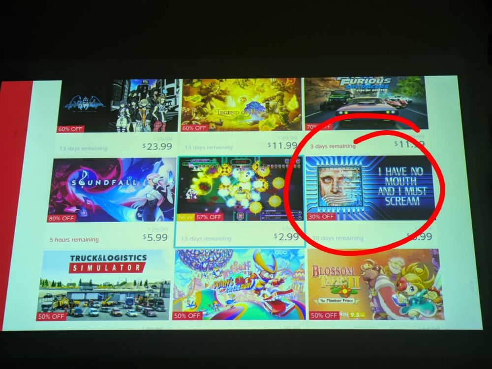Screenshot of the Nintendo e-shop featuring a game called I Have No Mouth But I Must Scream, which can be yours for $6.99 on sale