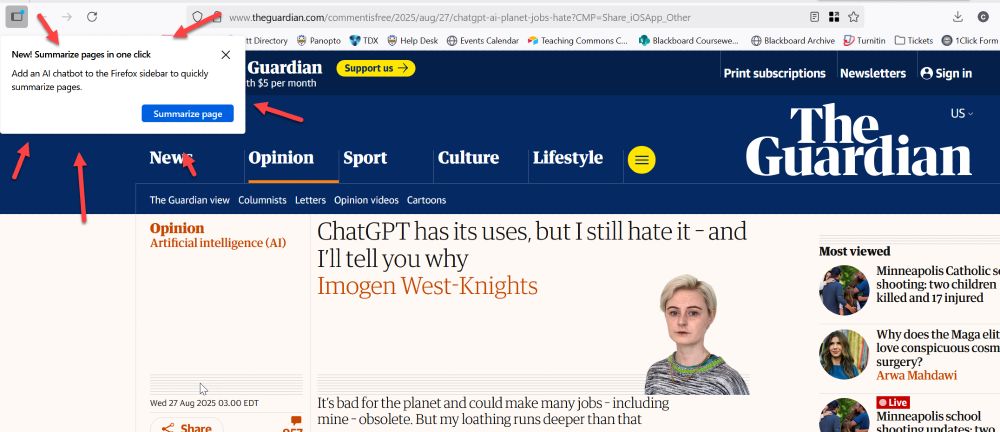 Screenshot of my browser. The tab is open to the Guardian article by Imogen West-Knights entiteld 