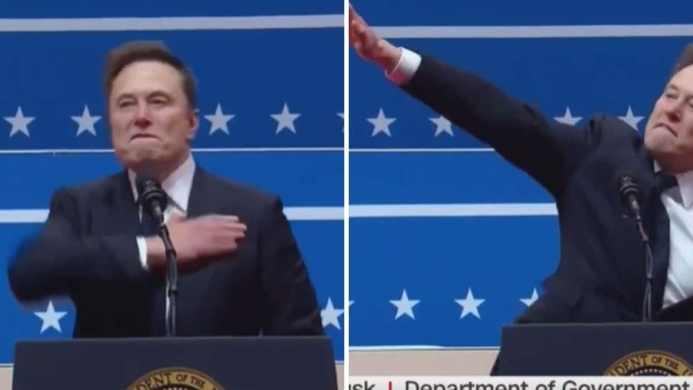 Elon musk touching left shoulder before giving an apparent Nazi salute.