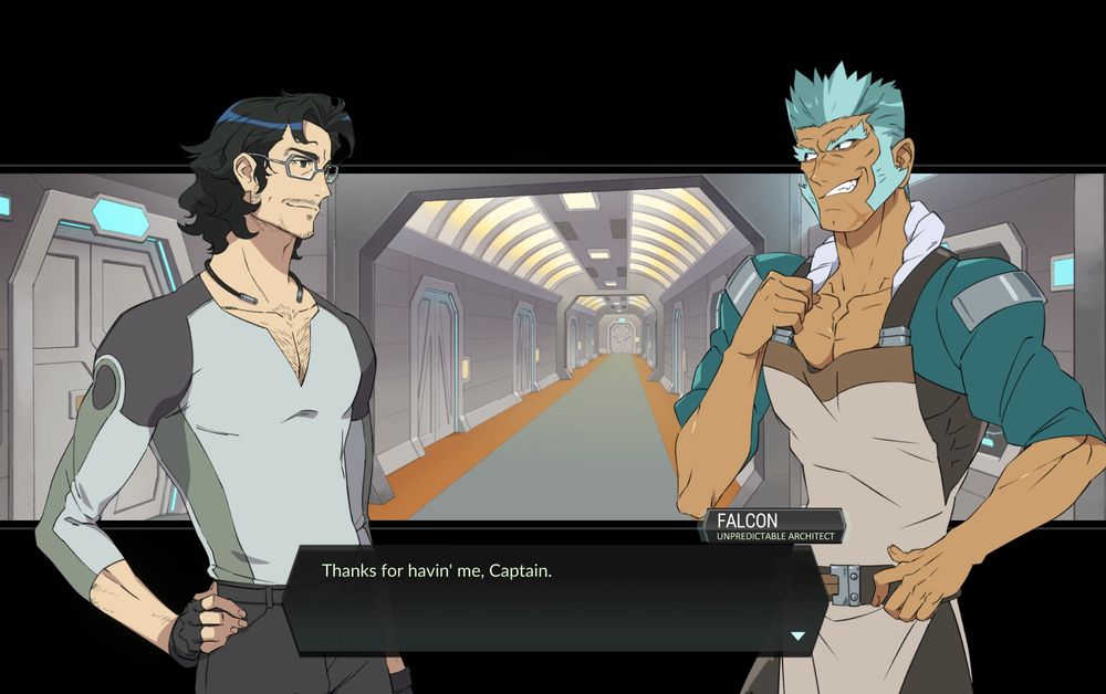 Two anime characters talking in front of a spaceship corridor. The man on the left is in a light grey and dark grey close-fitting outfit, with dark curly hair and glasses. The man on the right is muscly with blue spikey hair, sideburns and eyebrows, scars on his face, and is wearing a teal, tan and brown mechanic outfit with a towel around his neck. They are both smiling. The text says: Falcon - Unpredictable Architect 'Thanks for havin' me, Captain.'