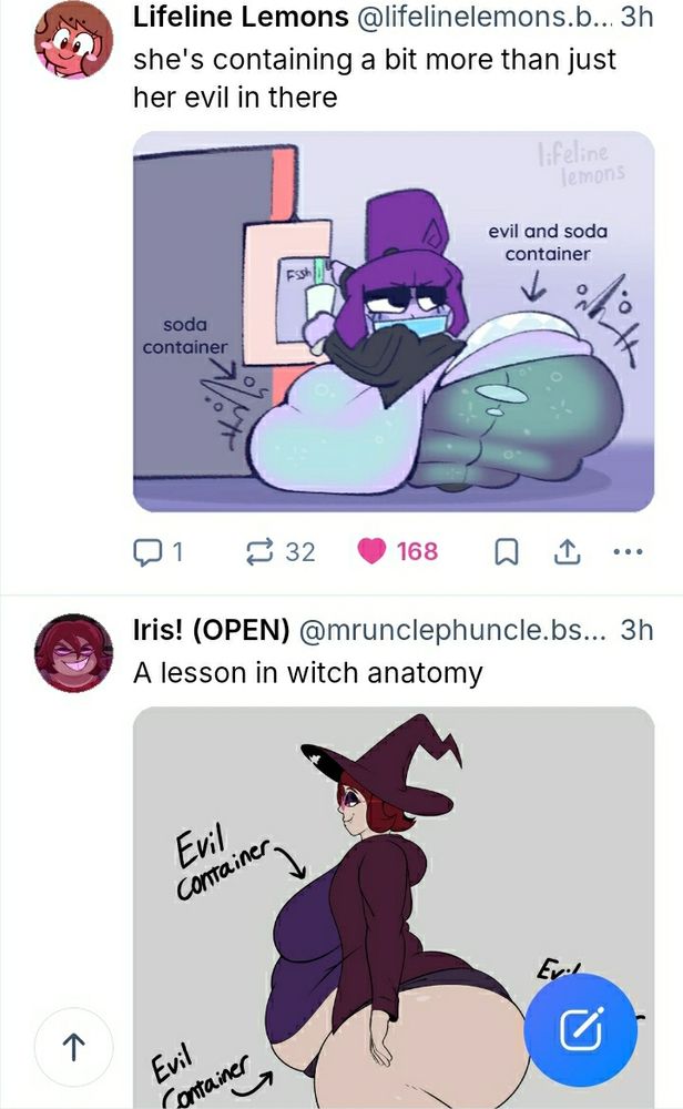 Screenshot of my bluesky feed showing two pieces of nsfw art with similar premises 