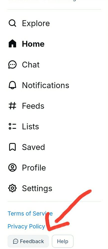 A screenshot of the bluesky mobile app, showing the pullout menu accessible from pressing the 3 bars on the apps home screen. There is a red arrow pointing to a selection titled "feedback", at the bottom of the menu