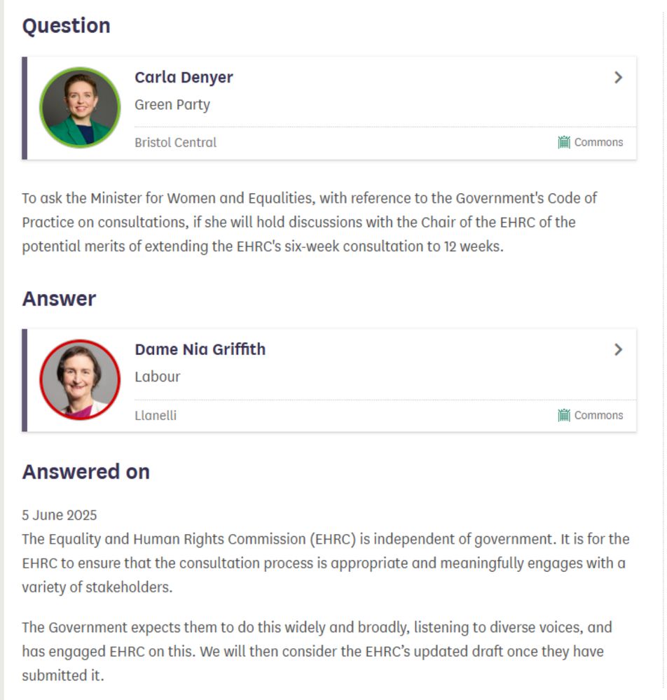 Screenshot of a Written Parliamentary Question submitted by Carla Denyer MP and answered by Dame Nia Griffith. A link to the full text is in the subsequent tweet.
