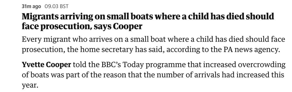 Screengrab of a news article headlined 'Migrants arriving on small boats where a child has died should face prosecution, says Cooper' 