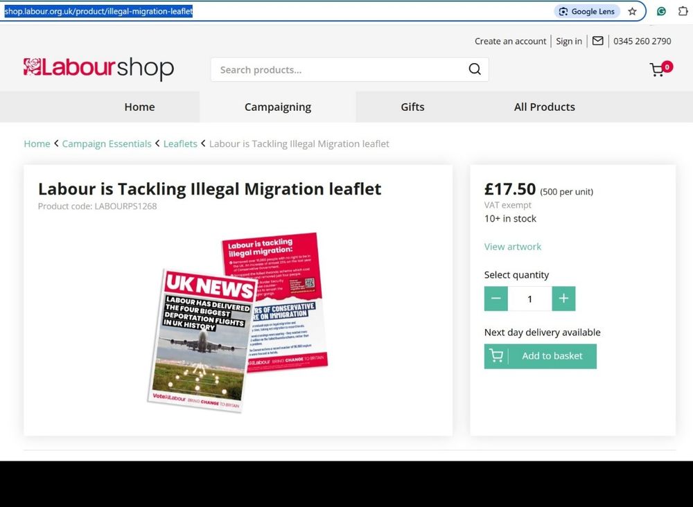 A screenshot of a page on shop.labour.org.uk showing a 'Labour is Tackling Illegal Migration' leaflet for sale