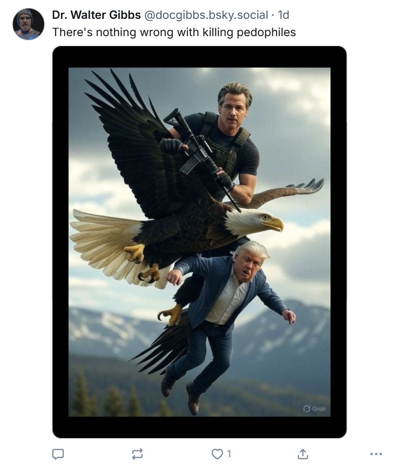 Gavin Newsom in tactical combat gear....riding an eagle which is carrying Trump, generated with Grok.