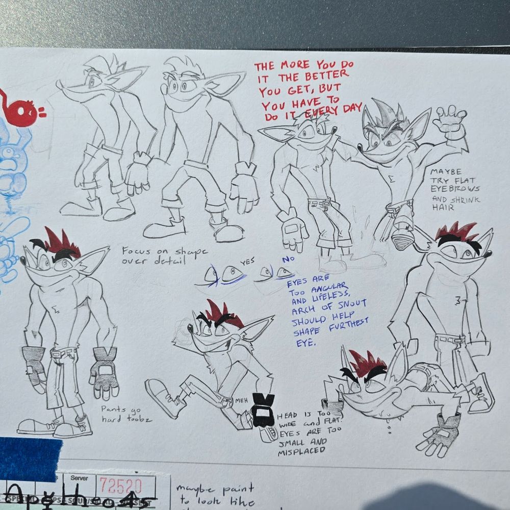 Various graphite sketches and studies of Crash Bandicoot as he appears in the fourth game, with acrylic markers used to illustrate his hair.