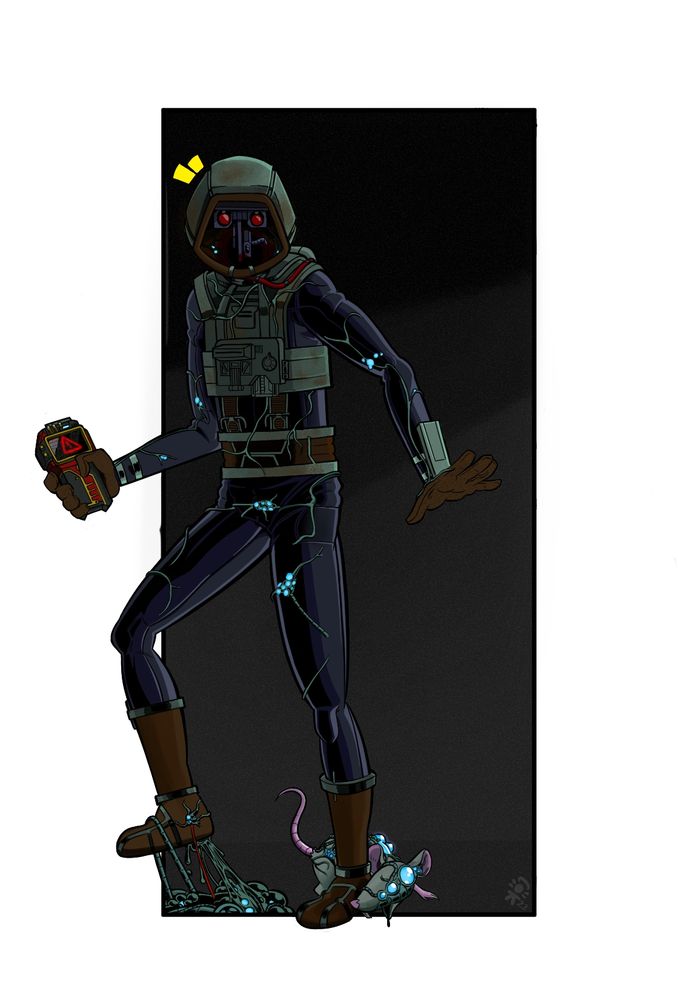A robot in a wetsuit. Its harness is rusted and its T shaped head has two red eyes which stare in shock at a rat which has brushed it's foot. The rat is covered in glowing blue bubbles and vieny growths, which cover its eyes. His other foot appears to have stepped in a semi mechanical goop similar to what infests the rat and the vines which cover his own body.

The inside of his helmet contains more of these glowing bubbles and vines and shows the base of a neck. Coated in blood to which the mechanical head is stuck in. In his hand the diver holds a gold, grey, and red device with a warning exclamation sign on it and visible screen distortion.