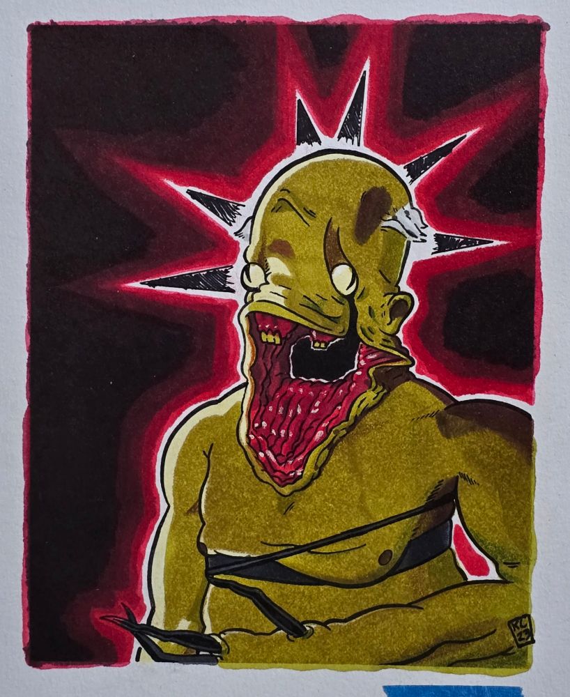 A rotting creature with sickly green skin a pale slitted yellow eyes. Its flesh droops and its jaw is disdended and the top of its mouth has deep red gums and small yellow teeth. Its lower jaw has been torn away leaving a draping veil of gorey flesh over its chest.

Its body is bloated and is held in shape via bands and wire wrapped around it's torso. Its visible arm is bulbous and swollen, with thin black, needle-like fingers poking out. It is surrounded by an eerie red glow and little black arrows signifying shock or surprise.

It is an alchohol and ink illustration of a Grunt from Amnesia the Dark Descent. With white accryllic hylighting parts of the viscera.