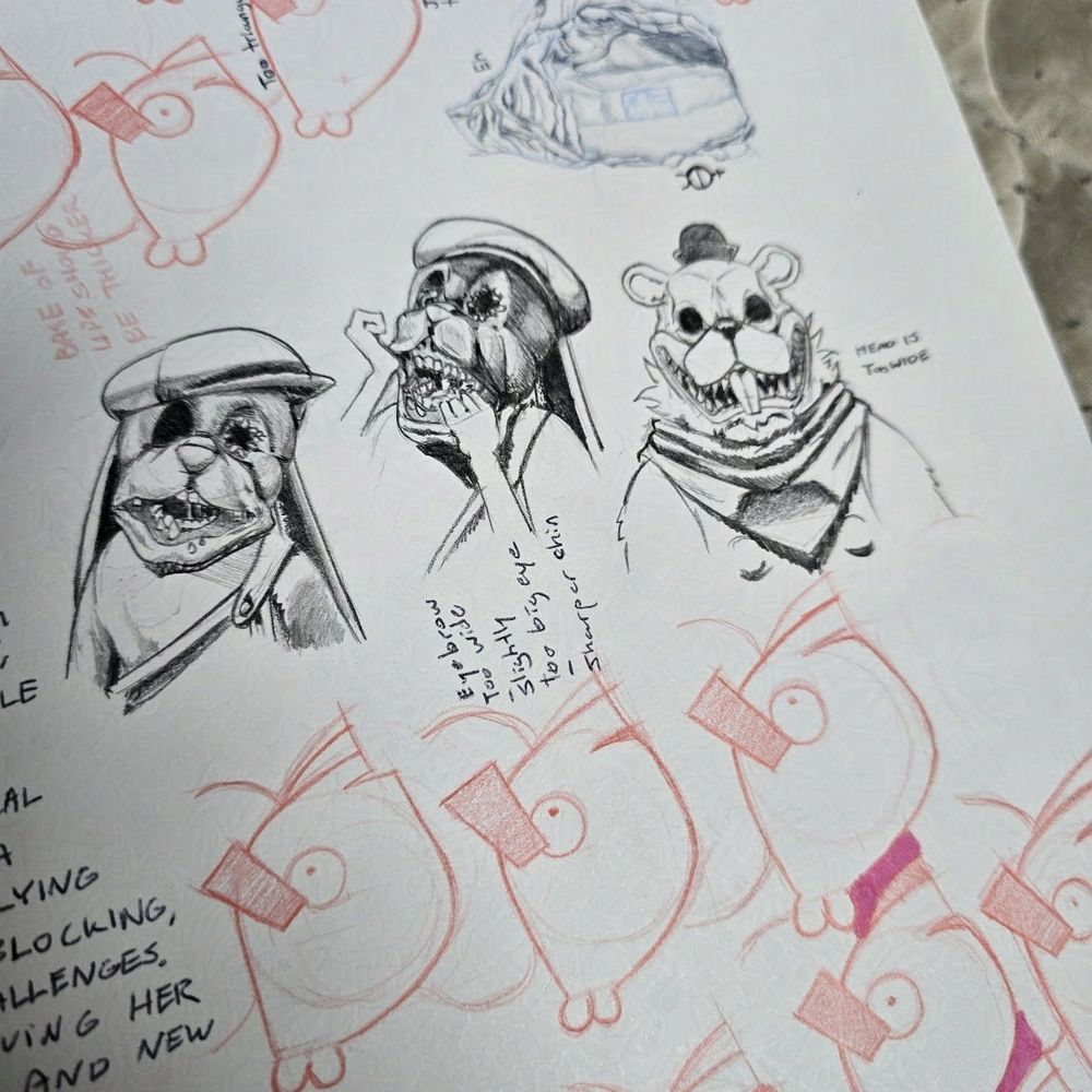Graphite sketches of the Bucky Beaver and the Rabbit from Shipwrecked 64. The rabbit mascot wears a chimney sweep hat. Its head it slanted to the side and its wrinkled maw hangs open. Revealing gums with small sharp teeth poking through, behind these gums is another set of human teeth. The creature lacks eyes, one hole ringed with teeth. It wears overalls with one strap broken.

Another sketch of the rabbit has it peeling its mouth open, with the glint of an eye in its mask.

A beaver monster in a sailor's outfit without eyes smiles with a sharp toothy grin.