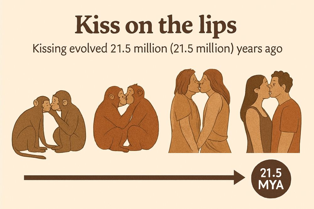 💋 ہونٹوں کا بوسہ 
 بوسے کا ارتقا 21.5 ملین (دو کروڑ 15 لاکھ) برس پہلے ہوا.

Kiss on the lips
Kissing evolved 21.5 million (21.5 million) years ago. 😽