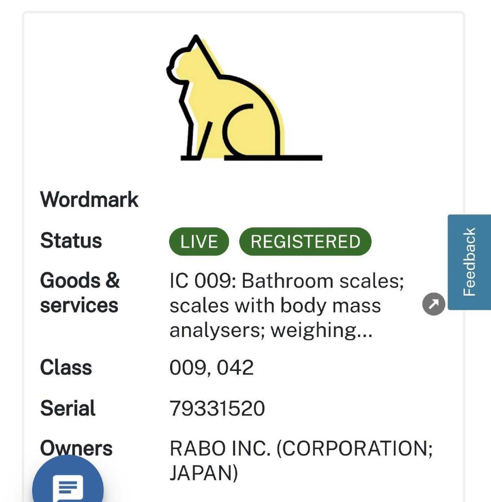 79331520 - The mark consists of a stylized profile of a yellow cat and outlined in black for Class 09: “machinery and equipment for measuring weight and excrement weight for pet health management; pet monitor” and Class 42: “providing temporary use of online non-downloadable software for collection, analyzing, editing, managing, organizing, modifying, book marking, transmission, storage and sharing of data and information”