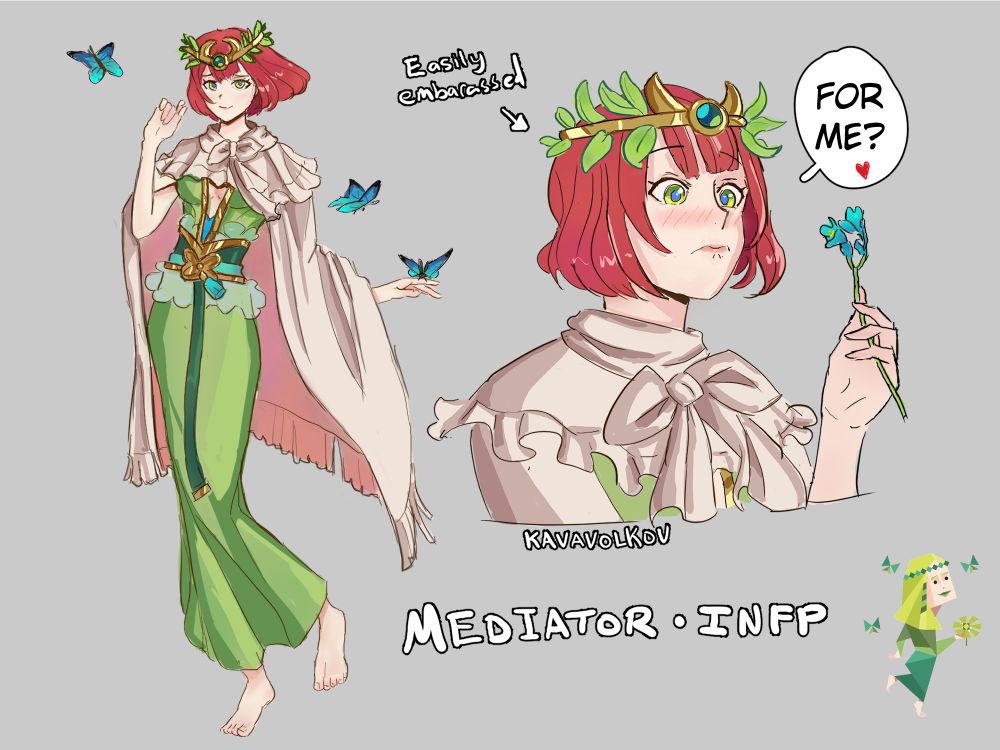 To help me design this character, I came up with a bit of a backstory for her. Sticking with the elf/forest spirit theme, I imagined INFP taking an unassuming walk through the forest where she discovers an injured satyr. Since INFP is so empathetic, she of course asks if there’s anything she can do besides tend to his injuries. The satyr explains that he is no longer able to perform his duties as a guardian of the forest because of his injuries and asks INFP to step in. INFP nervously agrees and begins her adventure. She encounters all sorts of things like mischievous pixies, angry ogres, and even rival forest spirits. And of course, since INFP is such a romantic, she and the satyr develop quite a romance. 😉 #MBTI #INFP #16personalities
