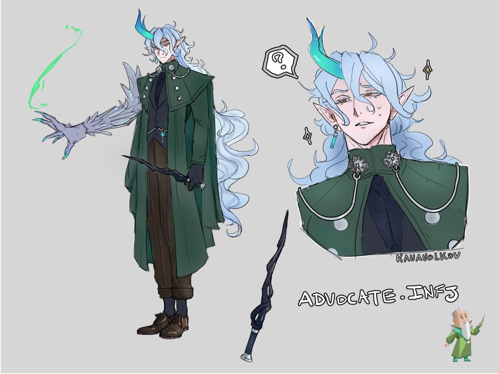 While I was brainstorming the characters for this series, I asked myself the question "What if each MBTI was the main character in their own story??" Here's what I thought of when it came to the Advocate:

I loved the idea of the Advocate being secretly powerful but choosing a humble existence and to help others with his knowledge. So, the Advocate lives in a peaceful eleven city, working as a humble herbalist/healer. Although he has deep knowledge of ancient magics and is quite an adept sorcerer. However, when a powerful rival sorcerer attacks his home, he is forced to augment his power by making a dangerous deal with an ancient silver dragon who is in search of a way to maintain his life as he is sickly and old. In exchange, the Advocate becomes much more powerful but must constantly struggle to maintain control as the dragon attempts to take over his body. So, after defeating the sorcerer, the Advocate could go on a crazy adventure to try to separate himself from the dragon. 