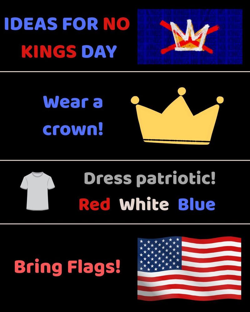 No kings day protest ideas!! Wear a crown! Being a flag! Wear patriotic colors! 