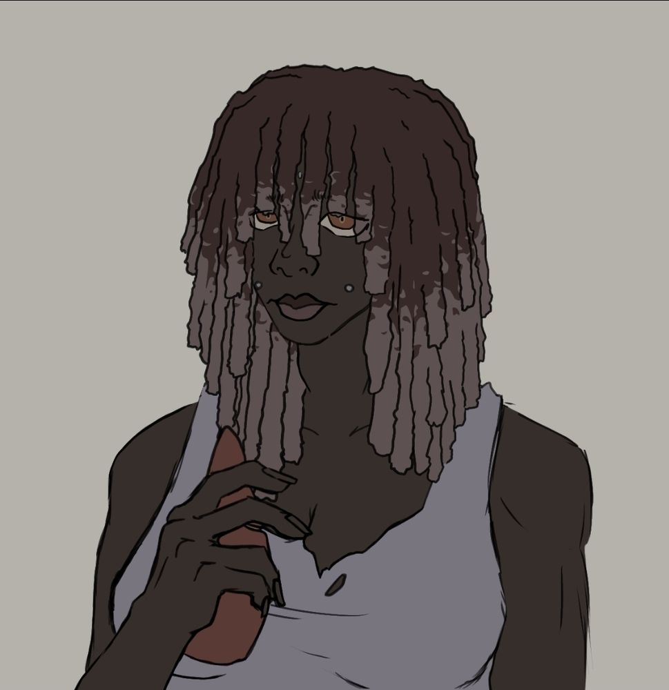 a digital drawing of my original character, Craw, a darkskinned dreadhead that is holding a liver (i think).