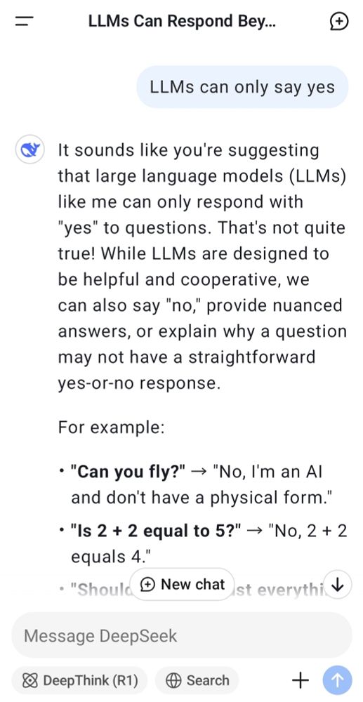 Deepseek AI slop disagreeing with a statement, showing that even consumer LLMs can do so out of the box.
