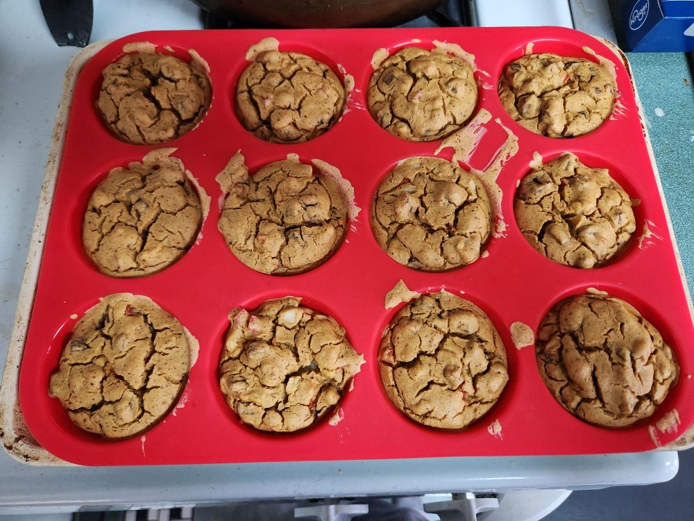 In a red silicone muffin tin is 12 tan muffins
