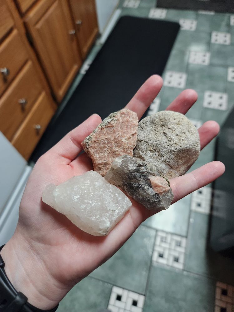 A palr hand holding four rocks. One is gray, one is darker gray, another is light red and another is white. 
