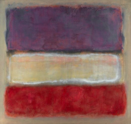 Untitled (Purple, White, and Red) follows the characteristic format of Mark Rothko’s mature work, in which stacked rectangles of color appear to float within the boundaries of the canvas. By directly staining the canvas with many thin washes of pigment and paying particular attention to the edges where the fields interact, he achieved the effect of light radiating from the image itself. This technique suited Rothko’s metaphysical aims: to offer painting as a doorway into purely spiritual realms, making it as immaterial and evocative as music, and to directly communicate the most essential, raw forms of human emotion.

Gift of Sigmund E. Edelstone