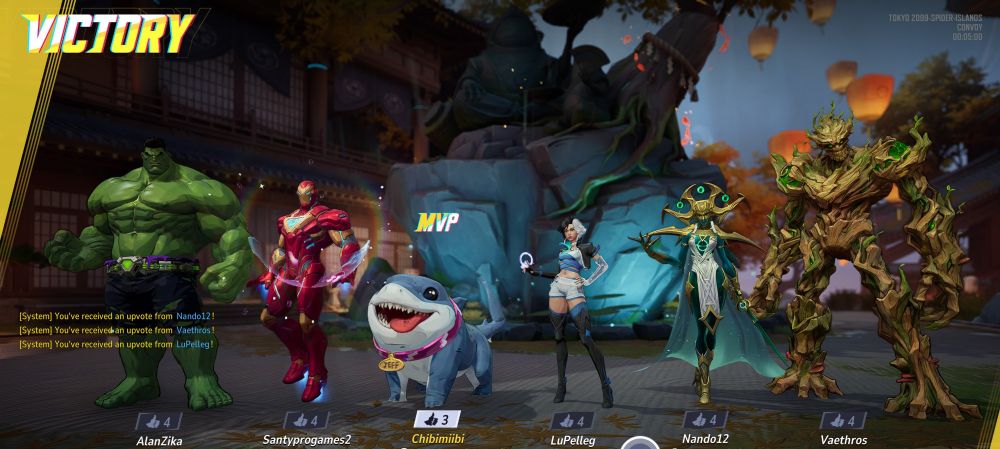 Picture of six super heroes standing with a victory title. From the video game marvel rivals