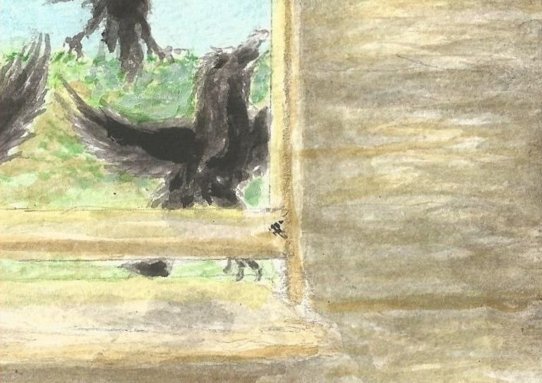 Album cover painting of crows outside a window