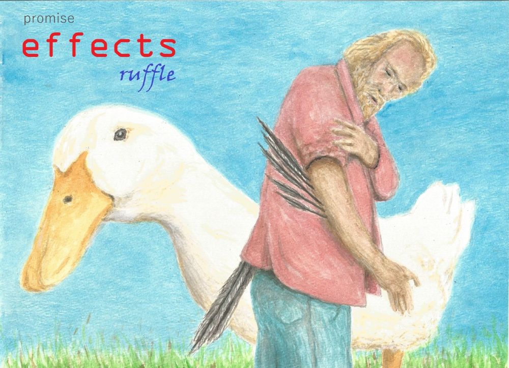 Album cover art painting shows a man inspecting feathers growing out of his arm as a horse sized duck looks on.