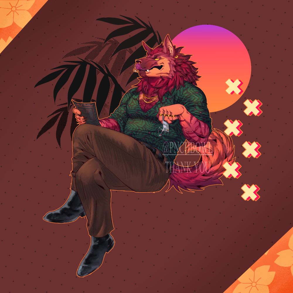 art com i got of my hyena sona Thomas, his wearing fine boots and brown paints. a tight dress shirt is on his body, along with gold rings and chains. his licking his maw as he looks at a food menu
