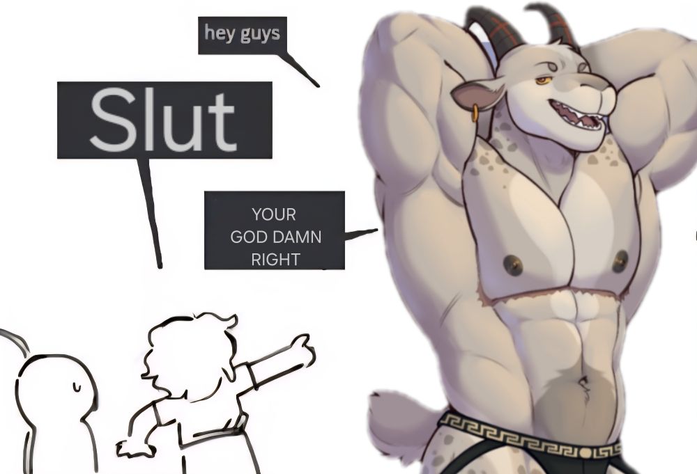 Meme template of my goat Sona Patches being called a slut, and saying, you're goddamn right.