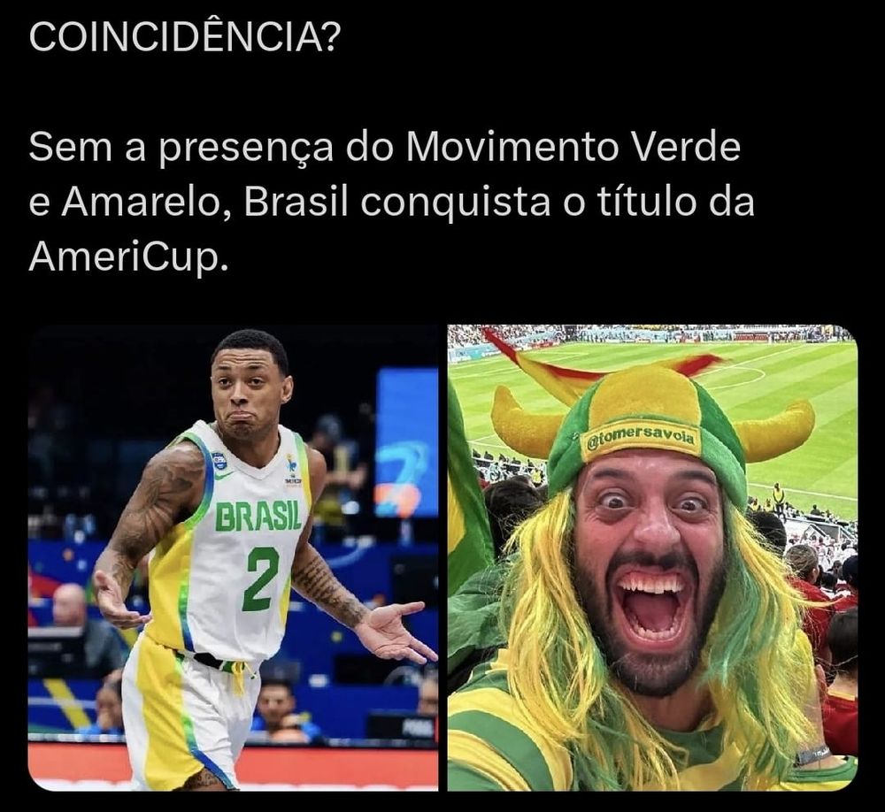 Imagem com jogador da Yago Mateus, da seleção brasileira masculina de basquete, durante a Americups. Do outro lado um torcedor do movimento Verde e Amarelo. 
Explicando que o Brasil conquistou o título do torneio devido a ausência de membros do movimento.