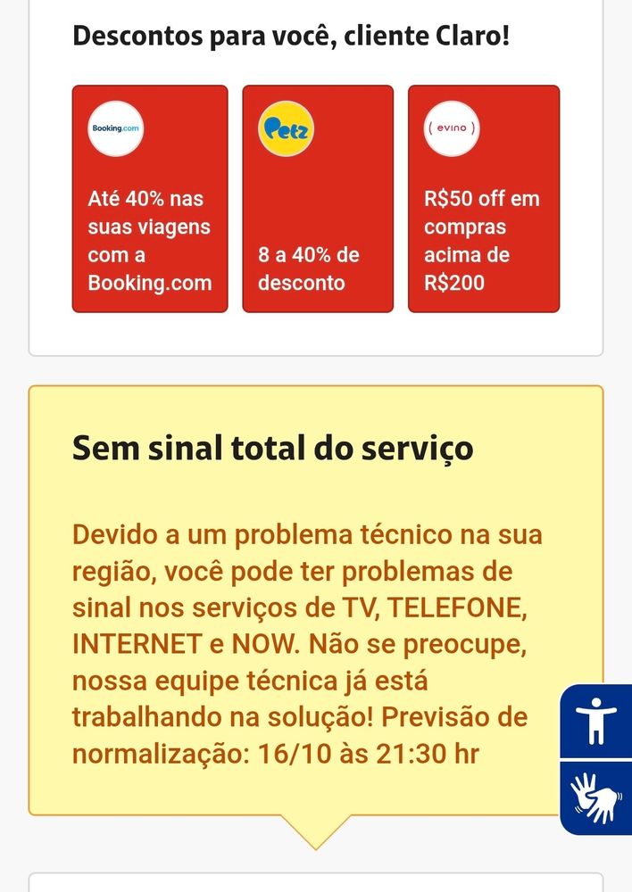 Imagem do App da operadora Claro falando de instabilidade nos serviços e que a previsão é voltar 21:30