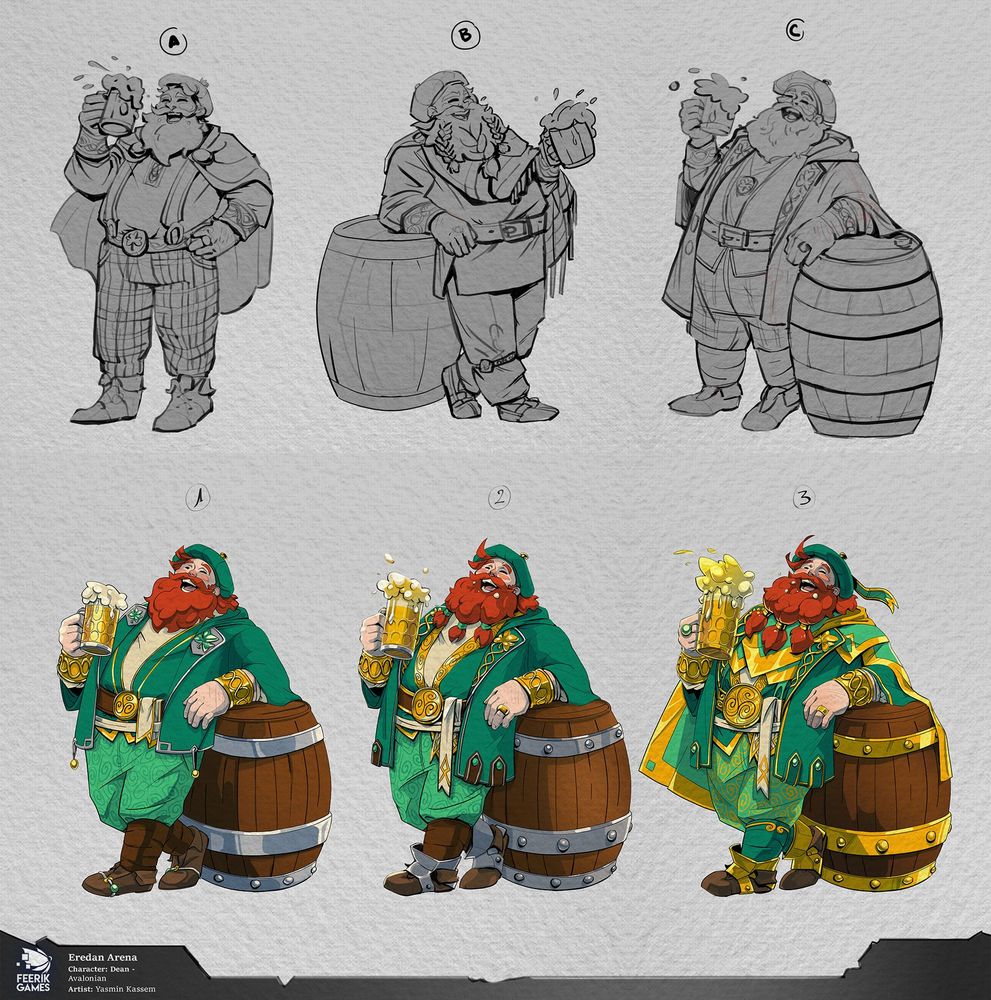 character design. A cheerful old man with red beard, standing behind a beer barrel and with one beer on his hand. st patrick's day themed clothes