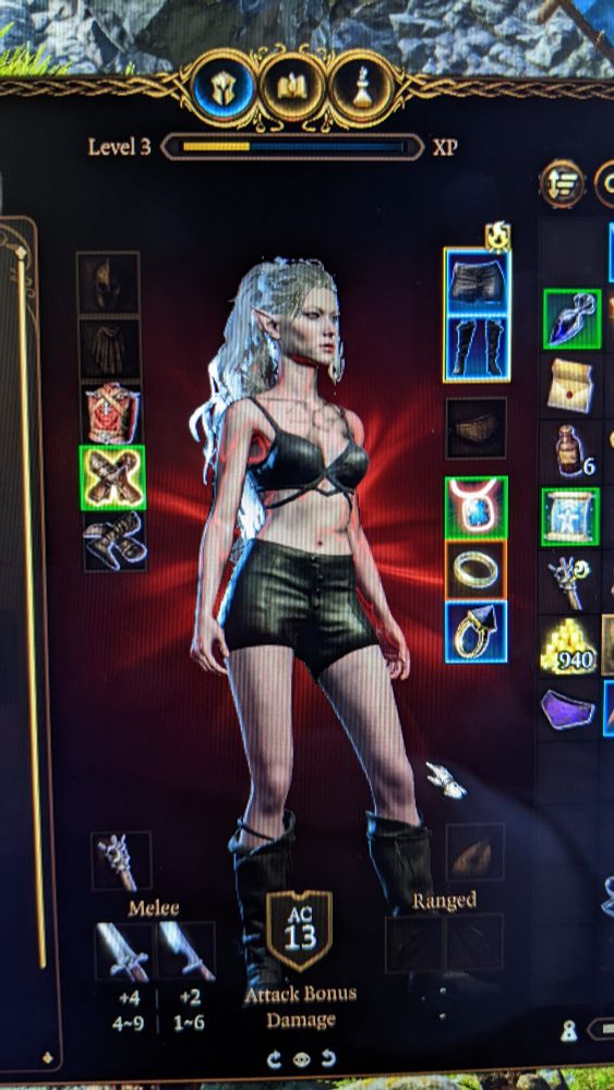 Screenshot of a dark urge avatar from baldurs gate. She's a female drow with very pale grey/lavender skin, pointed ears, a septum piercing and a luscious, curly, barbie-esque light grey ponytail. She's wearing black leather shorts, bra & knee high boots. Very hot, very dangerous 