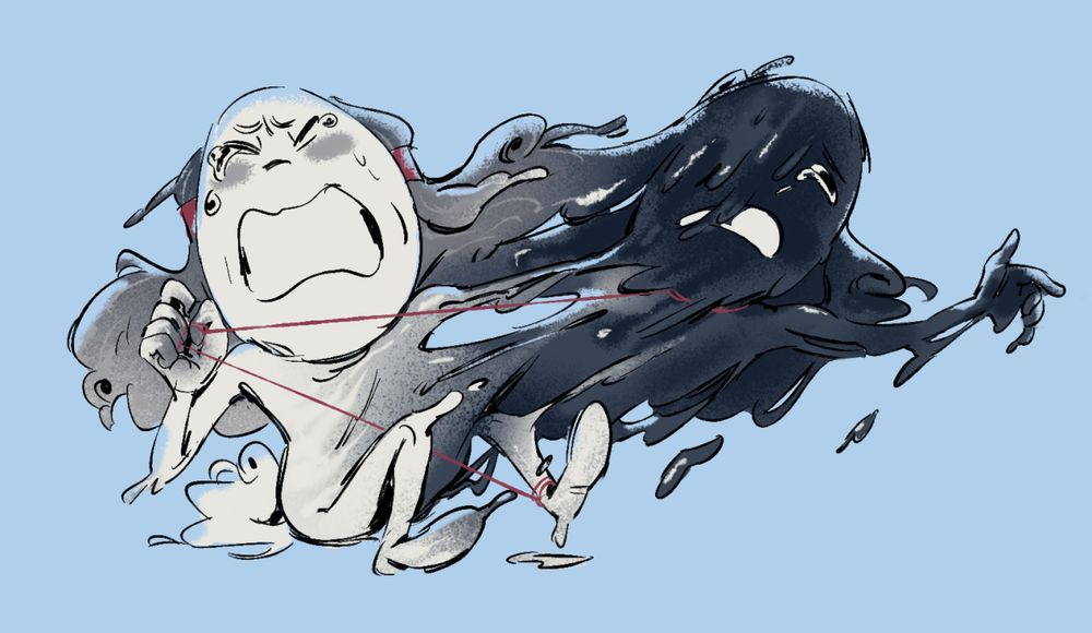 Sweater and Ink in the process of separating from each other. Ink emerges from Sweater's body, pulling Click Clack's usual dark colors with it. He reaches out, crying, while Sweater grimaces in pain and pulls at the string connecting them.