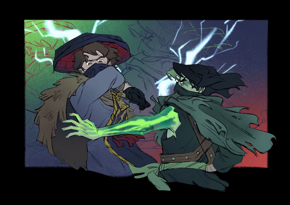 A drawing of Rogue (Jay) and Morro in their Dragons Rising season 3 designs. Rogue stands to the left, seemingly in the middle of swinging his sword of lightning bolts. He wears a gi of light and dark blue, with gold accents and a red sash. He also has a straw cape and hat. His face is partially obscured by a mask, only his eyes visible as he glares downwards in anger. Morro stands to the right, with his back to the audience, his left arm outstretched in front of Rogue. The arm is a translucent sickly green, and you can see his bones through it. His gi is dark green and littered with tears, especially his cape which flows dramatically behind him. His face is also partially obscured by a mask, seen in profile as a single eye glances at the audience. They are set against a rectangle of gradient color going from bright green to blue to red, with copies of their linearts behind them.