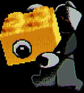 a pixellated drawing of a black and white lego minifigure holding a yellow lego brick with an eyeball sticker on it. Though its face is cast in shadow, its eyes can be see closed in a happy expression