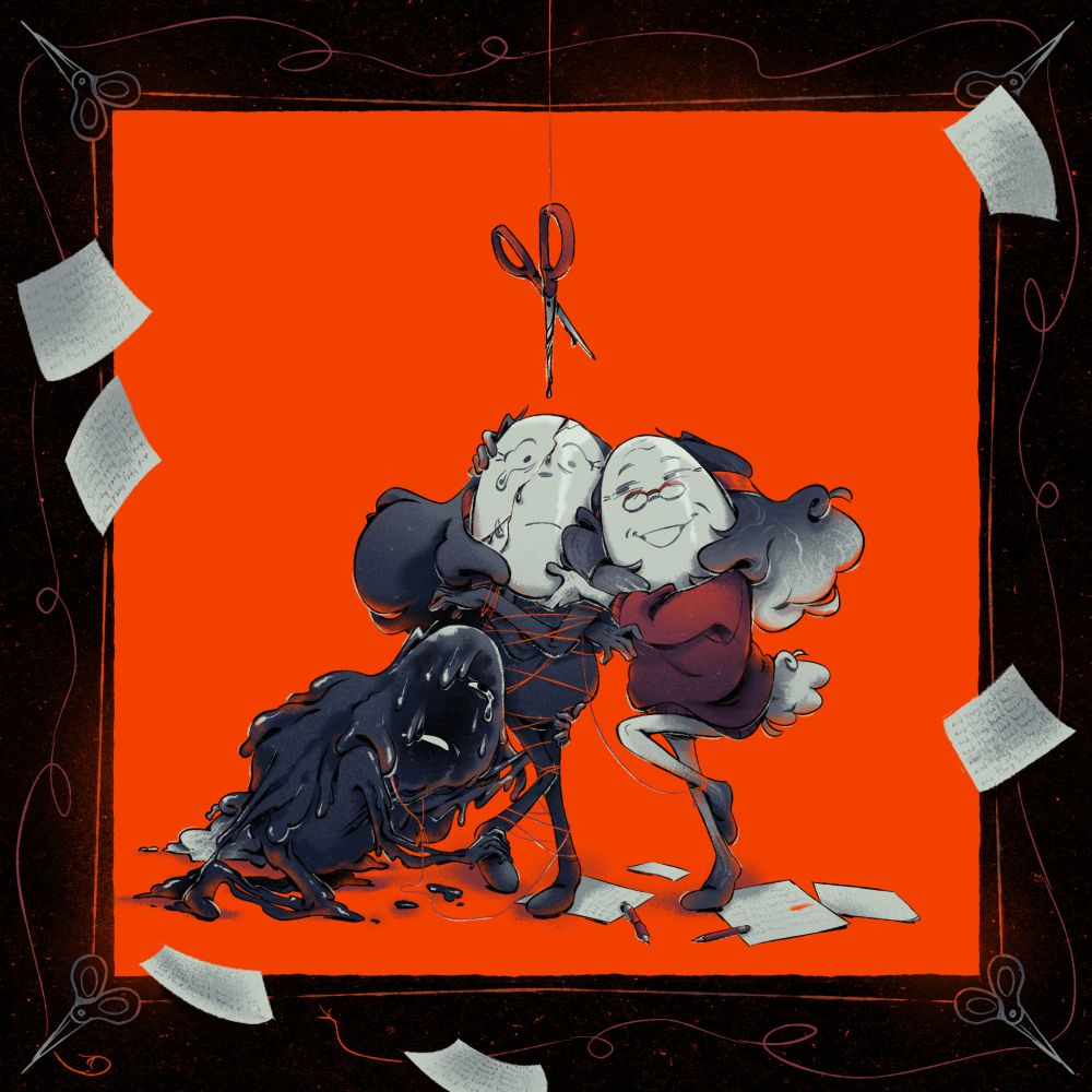 a drawing of Click Clack from my au "Pen and Ink." Three versions of Click Clack stand on a bright red background. The original version stands in the middle, tightly bound by red string. He stares blankly ahead, a single tear falling from one eye and his mask splitting down the middle. To his left, his "Sweater" half leans against him, hands gripping his mask. He has an almost mischevious expression on his face. To his right, his "Ink" half crawls on the floor, grasping desperately at his legs and crying. Papers and writing utensils are scattered all over, even onto the black frame that surrounds them. At the center, a pair of scissors dangles precariously from a red string above their heads, with ink dripping from its blade.
