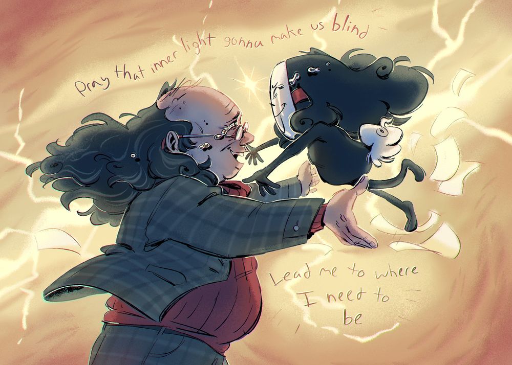 a drawing of two versions of click clack embracing each other across a golden backdrop. Click in his godly form leaps from the heavens with his arms open, a look of overwhelming joy on his mask. His mortal self - an old man with long greying hair, wearing a grey tweed suit over a red sweater - reaches back, an equivalent look of joy on his face, and tears streaming from his eyes. Papers fly all around them and they are backlit by the open rift. Lyrics are written above and below them that say "Pray that inner light gonna make us blind, Lead me to where I need to be."