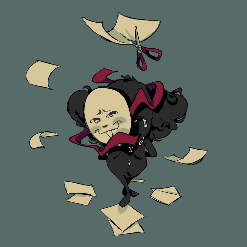 A flat colored drawing of Click Clack. He stands center of the frame with his arms behind his back, facing the viewer. His mask, which gives a happy expression, is shifted to the right side of his face. One red string of the mask rests in front of where his real mouth should be, while the other meanders behind his head. All that can be seen of his real face is a single crying eye. Around him various pieces of paper fly, with one paper above him in the process of being cut in half by a pair of red-handled scissors.