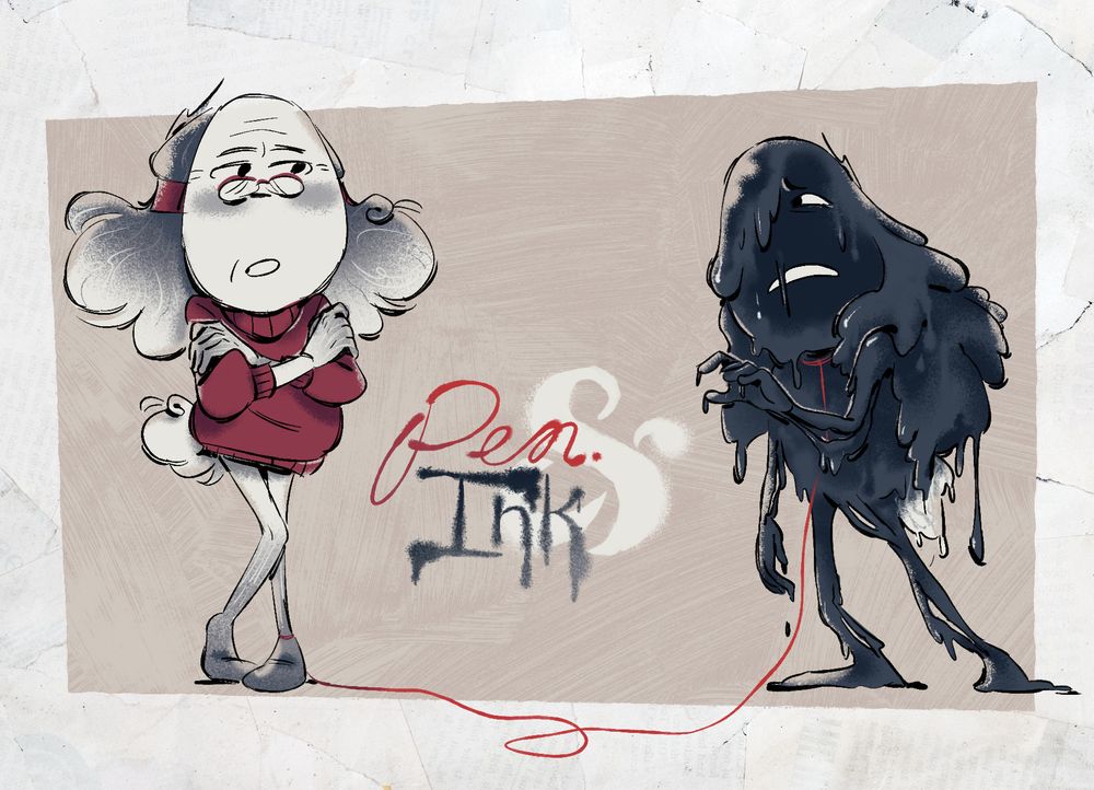 A drawing of the two halves of Click Clack in my au "Pen and Ink." One is paper white with what looks like inkstains on their extremities. Their mask has wrinkles and sports a pair of red-rimmed glasses, and they wear a red sweater. They hold their arms crossed and look warily over to their other half, who has no mask and appears to be made entirely of ink. They only have one bright white eye and a mouth showing. They reach worrily towards their other half. A red string connects them, tied from Sweater's left ankle to Ink's neck. The text "Pen and Ink" is between them.