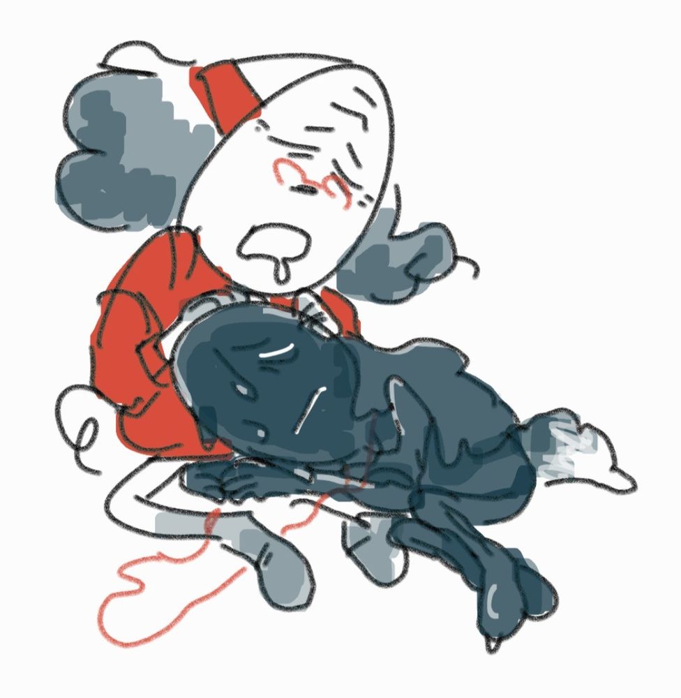 phone doodle of Pen and Ink. Ink is curled up sleeping in Sweater's lap, looking slightly sad, while Sweater is also fast asleep, holding Ink's head