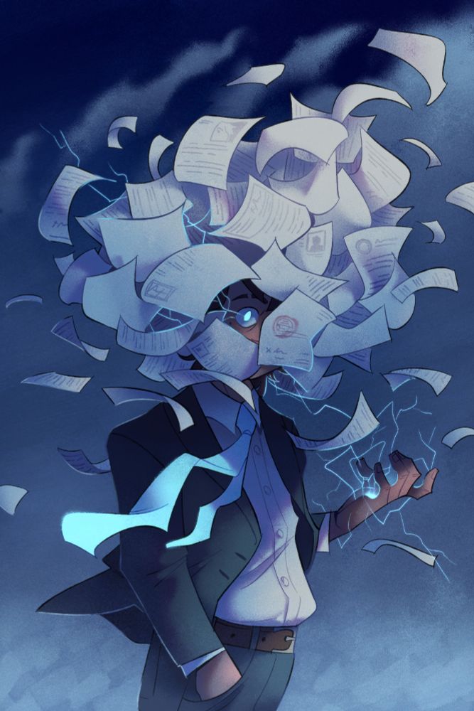 Drawing of agent Jay Walker, set against a background of dark blue sky and whispy clouds. He stands facing right with his suit and electric blue tie flapping in the wind. His right hand is raised, fingers bent like a claw, with lightning crackling around it. What seems like hundreds of paper forms fly around his face, obscuring all but a single glowing eye. The papers and the tie together form the shape of a thundercloud and striking lightning.